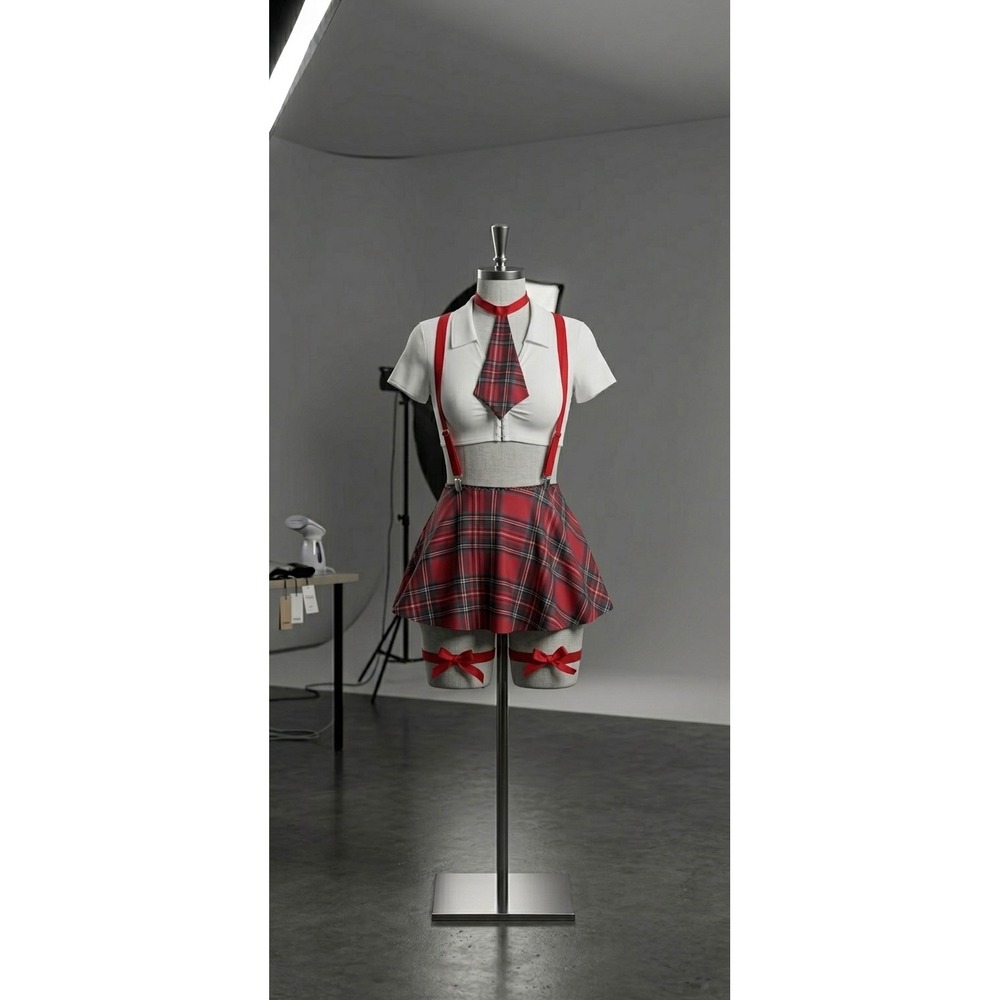 Womens Plaid Schoolgirl Costume Set Red Tartan Mini Skirt Crop Top Tie Garters